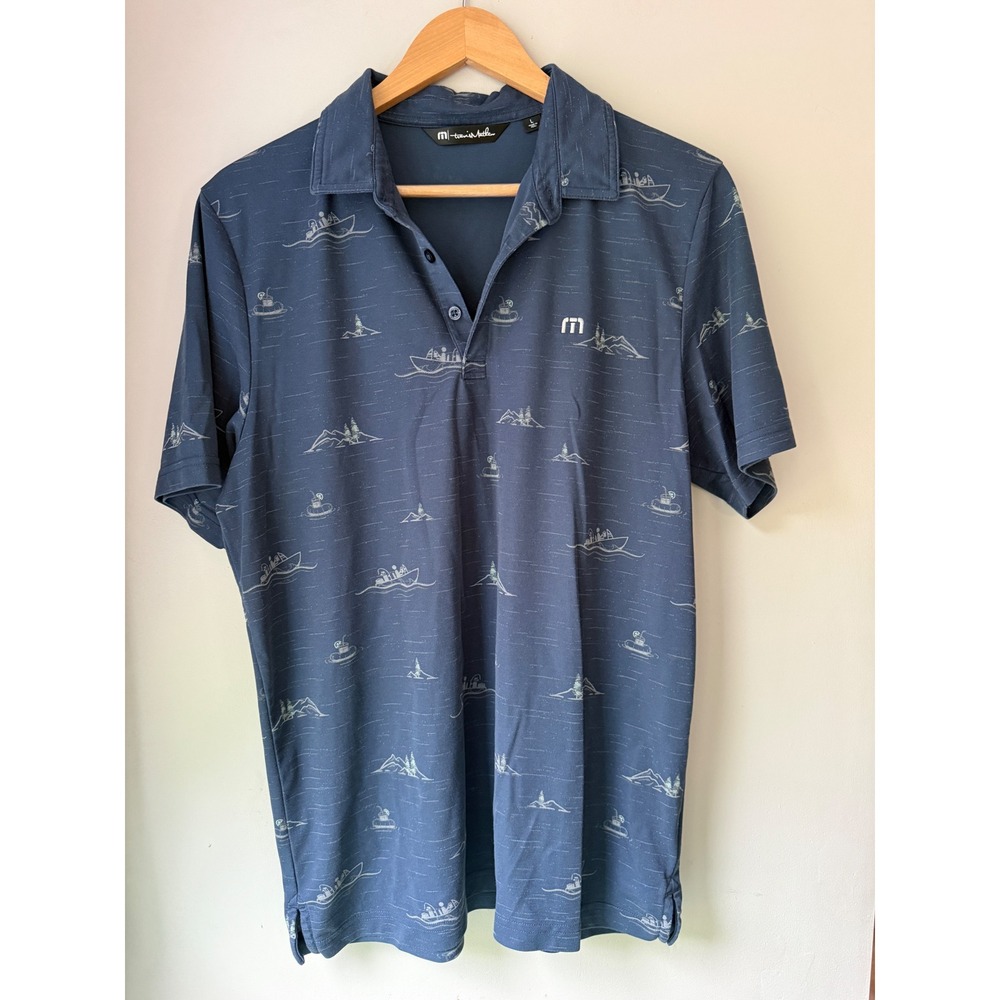 TravisMathew Mens Blue Nautical Boat Mountain Print Pima Blend Polo Shirt Large
